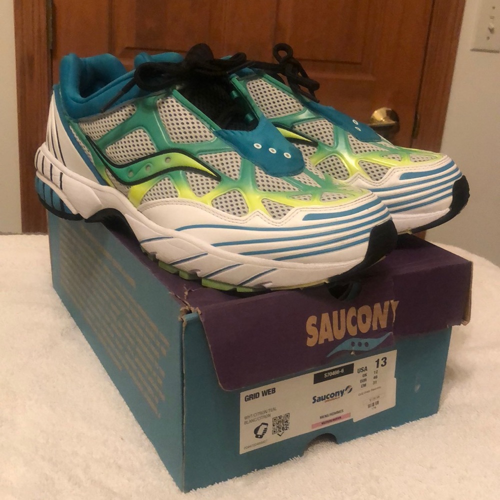 Saucony Originals men’s size 13 Grid Web white citron teal sneakers
